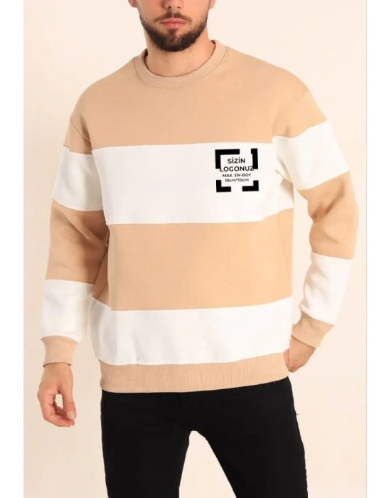 Bisiklet Yaka Parçalı Özel Üretim weatshirt Bej