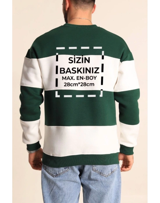 Bisiklet Yaka Parçalı Özel Üretim weatshirt Yeşil