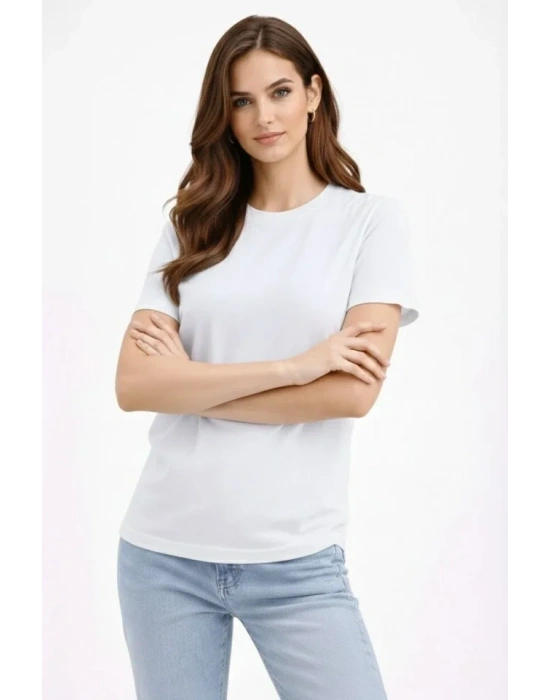 Bisiklet Yaka Tişört Regular Kalıp Basic Pamuklu Günlük Kullanım Tshirt  Beyaz