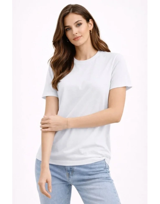 Bisiklet Yaka Tişört Regular Kalıp Basic Pamuklu Günlük Kullanım Tshirt  Beyaz