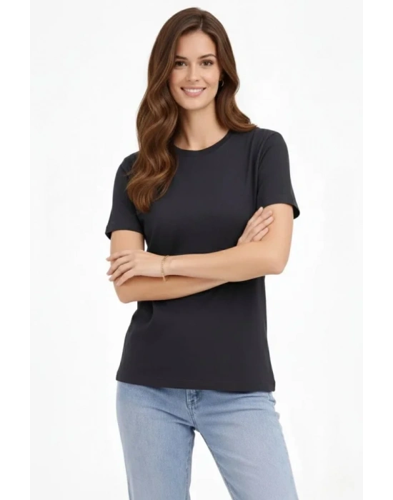 Bisiklet Yaka Tişört Regular Kalıp Basic Pamuklu Günlük Kullanım Tshirt  Füme