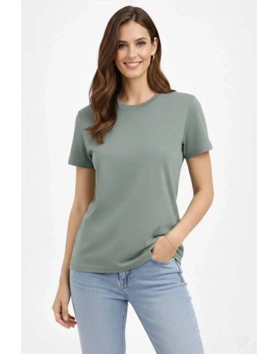 Bisiklet Yaka Tişört Regular Kalıp Basic Pamuklu Günlük Kullanım Tshirt  int Yeşili