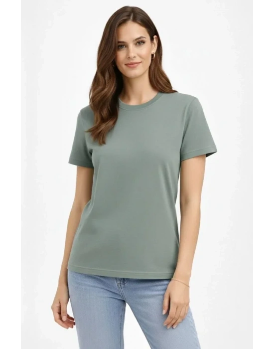 Bisiklet Yaka Tişört Regular Kalıp Basic Pamuklu Günlük Kullanım Tshirt  int Yeşili