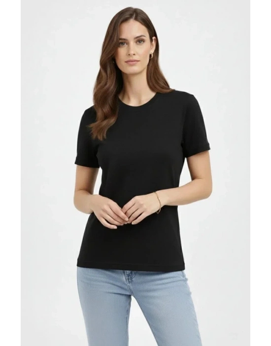 Bisiklet Yaka Tişört Regular Kalıp Basic Pamuklu Günlük Kullanım Tshirt  iyah