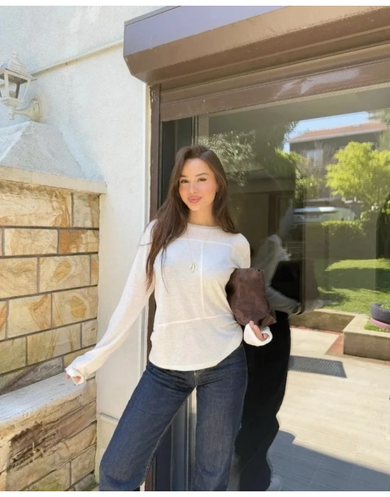 Bisiklet Yaka Uzun Kollu Bluz  Beyaz