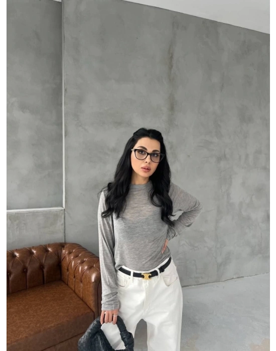 Bisiklet Yaka Uzun Kollu Crop  Gri