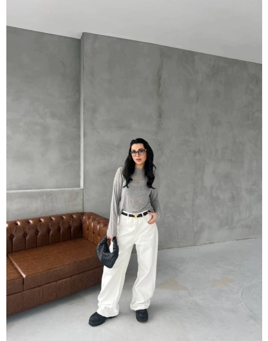 Bisiklet Yaka Uzun Kollu Crop  Gri