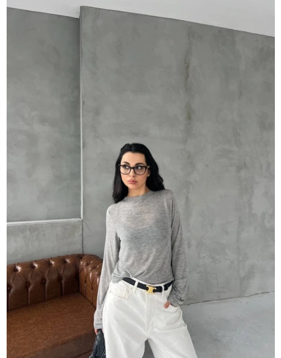 Bisiklet Yaka Uzun Kollu Crop  Gri