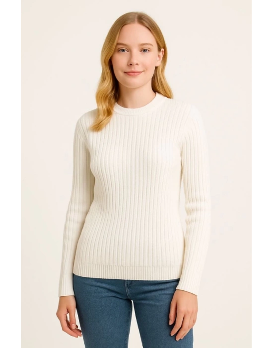 Bisiklet Yuvarlak Yaka Triko Kazak Pamuklu Kalın Fitilli Dokuma, Regular Fit Uzun Kollu Kışlık odel  Beyaz