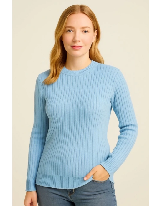 Bisiklet Yuvarlak Yaka Triko Kazak Pamuklu Kalın Fitilli Dokuma, Regular Fit Uzun Kollu Kışlık Model  Bebe Mavisi