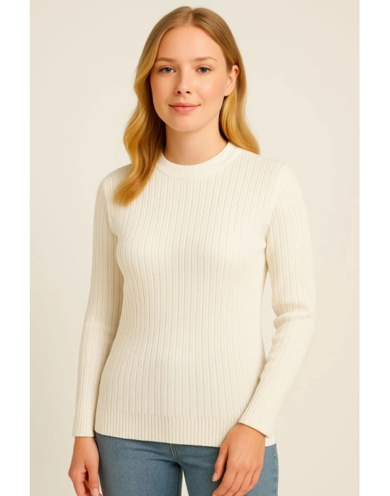 Bisiklet Yuvarlak Yaka Triko Kazak Pamuklu Kalın Fitilli Dokuma, Regular Fit Uzun Kollu Kışlık odel  Beyaz