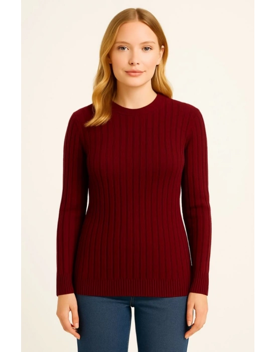 Bisiklet Yuvarlak Yaka Triko Kazak Pamuklu Kalın Fitilli Dokuma, Regular Fit Uzun Kollu Kışlık Model  Bordo