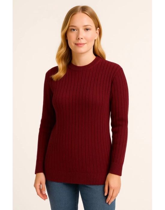 Bisiklet Yuvarlak Yaka Triko Kazak Pamuklu Kalın Fitilli Dokuma, Regular Fit Uzun Kollu Kışlık Model  Bordo