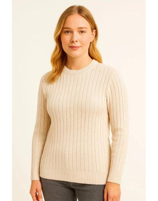 Bisiklet Yuvarlak Yaka Triko Kazak Pamuklu Kalın Fitilli Dokuma, Regular Fit Uzun Kollu Kışlık odel  Bej