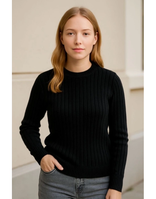 Bisiklet Yuvarlak Yaka Triko Kazak Pamuklu Kalın Fitilli Dokuma, Regular Fit Uzun Kollu Kışlık odel  iyah