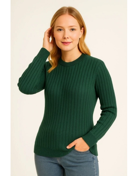 Bisiklet Yuvarlak Yaka Triko Kazak Pamuklu Kalın Fitilli Dokuma, Regular Fit Uzun Kollu Kışlık odel  Haki