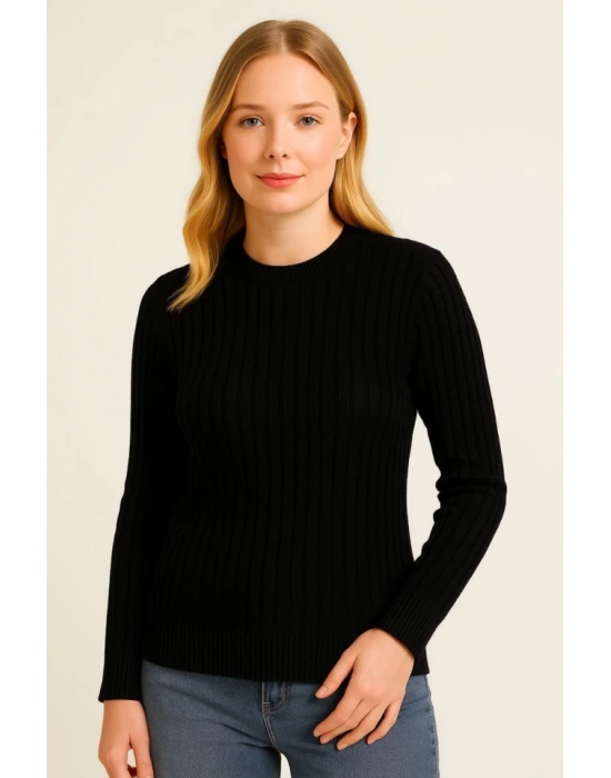 Bisiklet Yuvarlak Yaka Triko Kazak Pamuklu Kalın Fitilli Dokuma, Regular Fit Uzun Kollu Kışlık odel  iyah