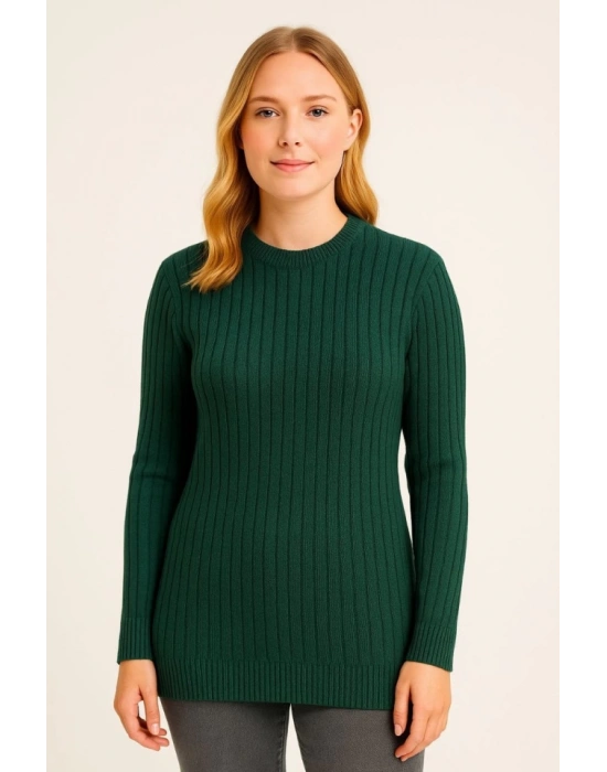 Bisiklet Yuvarlak Yaka Triko Kazak Pamuklu Kalın Fitilli Dokuma, Regular Fit Uzun Kollu Kışlık odel  Haki