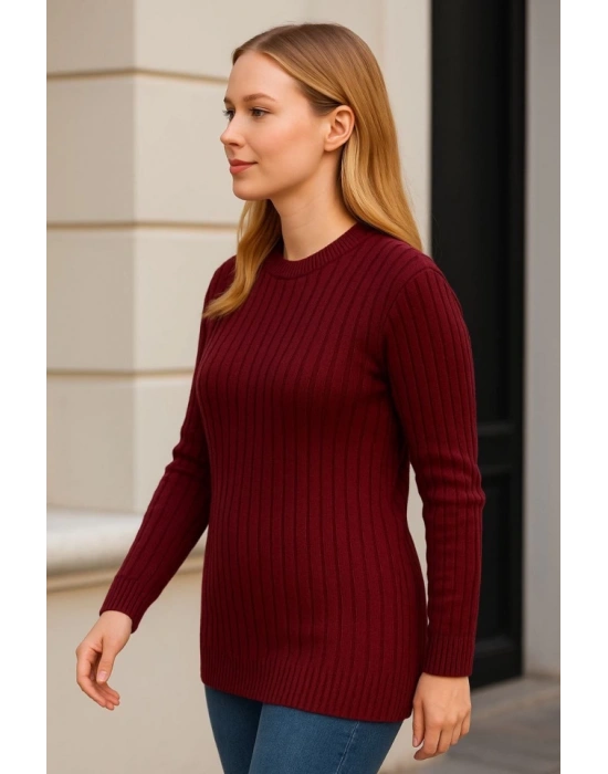 Bisiklet Yuvarlak Yaka Triko Kazak Pamuklu Kalın Fitilli Dokuma, Regular Fit Uzun Kollu Kışlık Model  Bordo