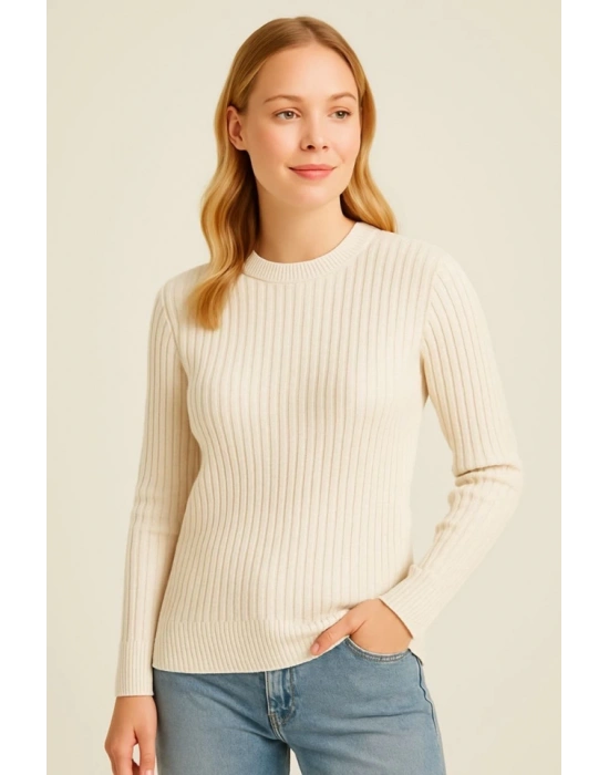 Bisiklet Yuvarlak Yaka Triko Kazak Pamuklu Kalın Fitilli Dokuma, Regular Fit Uzun Kollu Kışlık odel  Bej