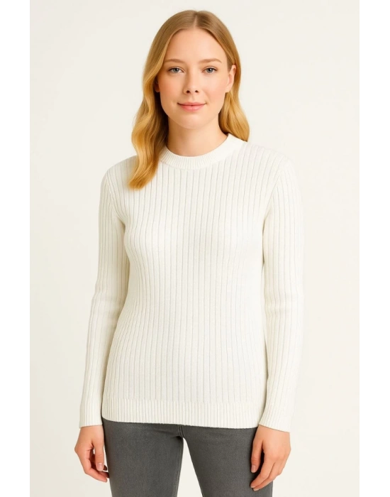 Bisiklet Yuvarlak Yaka Triko Kazak Pamuklu Kalın Fitilli Dokuma, Regular Fit Uzun Kollu Kışlık odel  Beyaz