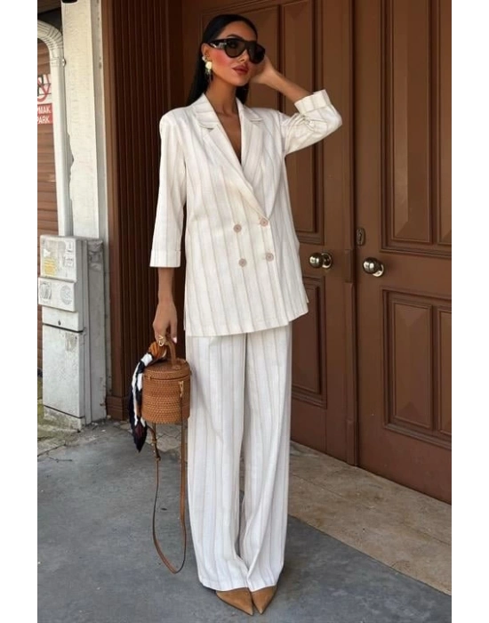 Blazer Ceketli Çizgili Keten Takım 10186