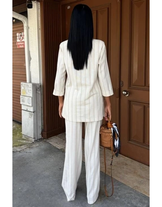 Blazer Ceketli Çizgili Keten Takım 10186