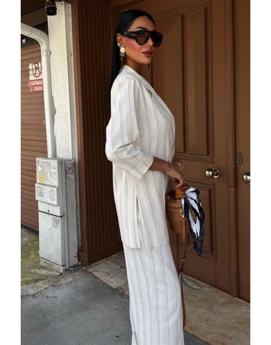 Blazer Ceketli Çizgili Keten Takım 10186