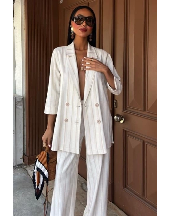 Blazer Ceketli Çizgili Keten Takım 10186