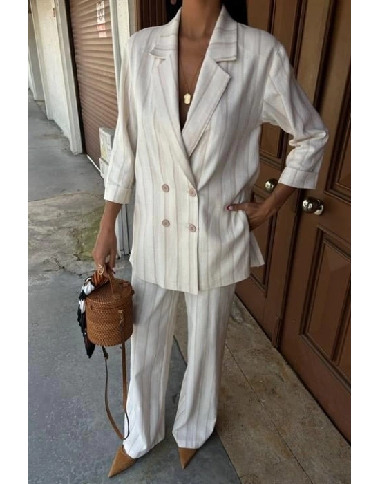Blazer Ceketli Çizgili Keten Takım 10186