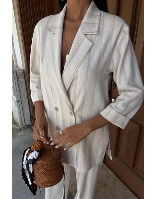Blazer Ceketli Çizgili Keten Takım 10186
