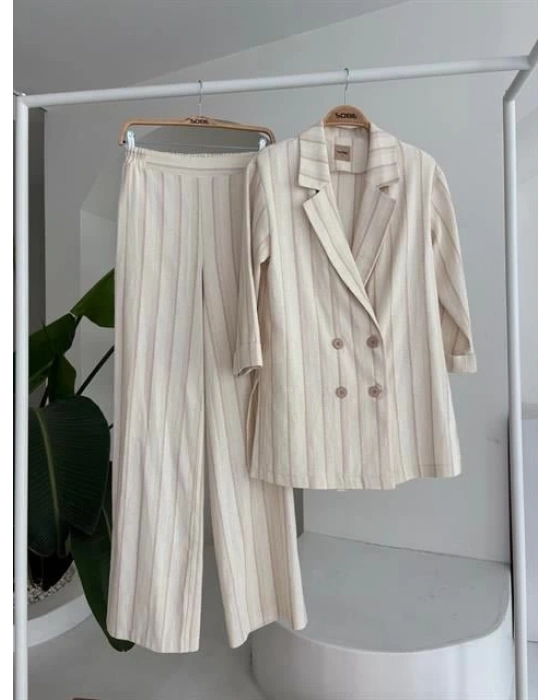 Blazer Ceketli Çizgili Keten Takım 10186