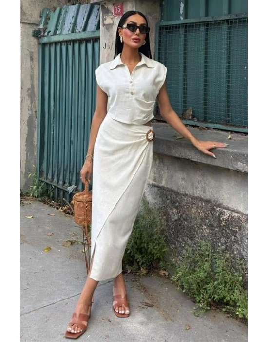 Bluzu Büzgülü Ve Eteği Tokalı Keten Takım 10204