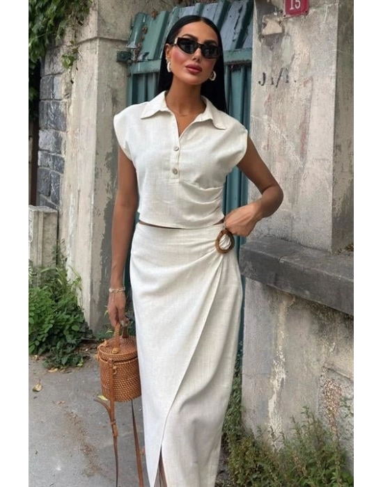 Bluzu Büzgülü Ve Eteği Tokalı Keten Takım 10204