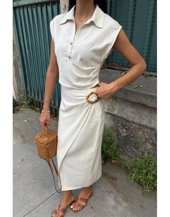 Bluzu Büzgülü Ve Eteği Tokalı Keten Takım 10204