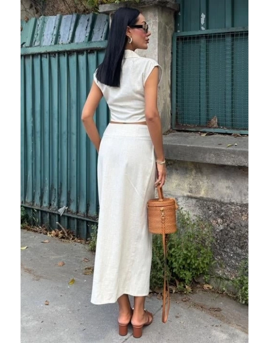 Bluzu Büzgülü Ve Eteği Tokalı Keten Takım 10204