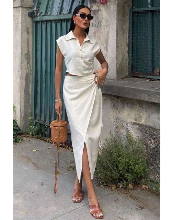 Bluzu Büzgülü Ve Eteği Tokalı Keten Takım 10204