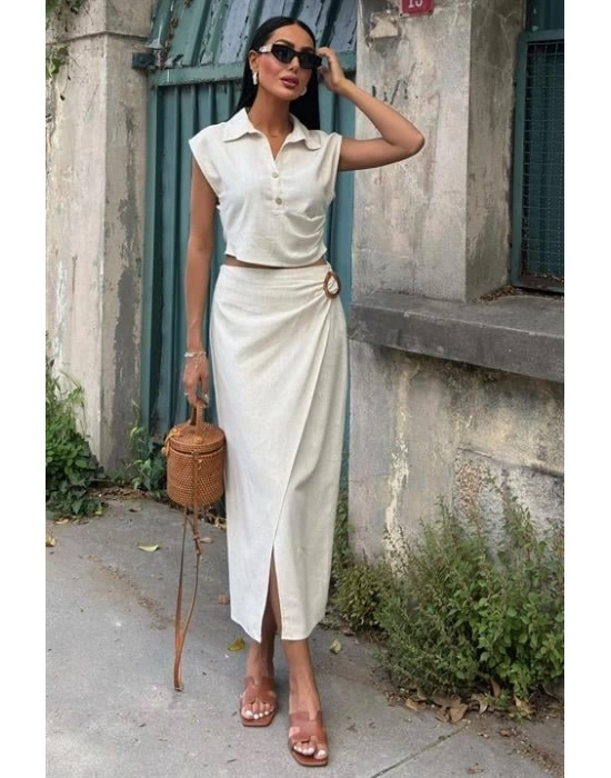 Bluzu Büzgülü Ve Eteği Tokalı Keten Takım 10204