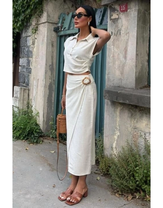 Bluzu Büzgülü Ve Eteği Tokalı Keten Takım 10204