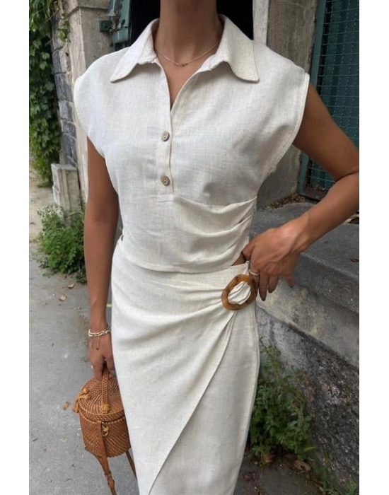 Bluzu Büzgülü Ve Eteği Tokalı Keten Takım 10204