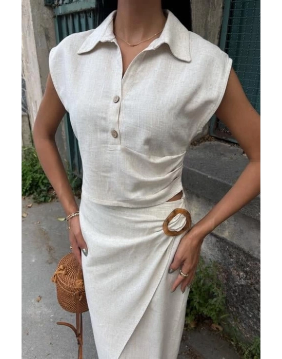 Bluzu Büzgülü Ve Eteği Tokalı Keten Takım 10204