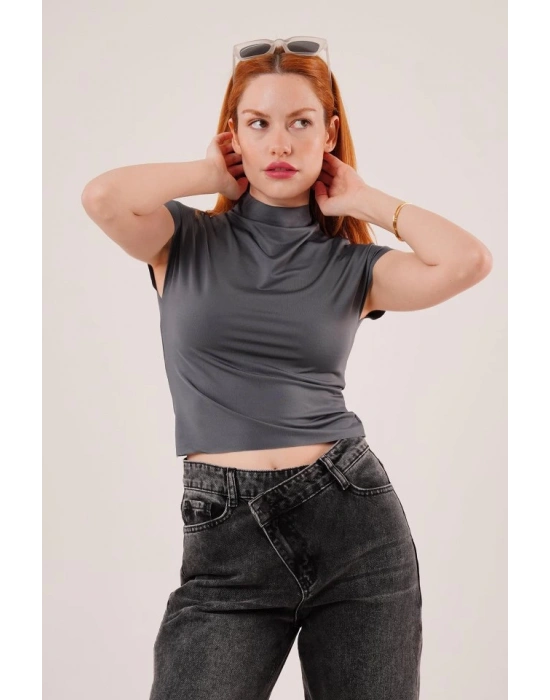 Boğazlı Parlak Kumaş Antrasit Crop