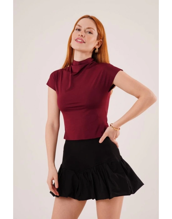 Boğazlı Parlak Kumaş Bordo Crop