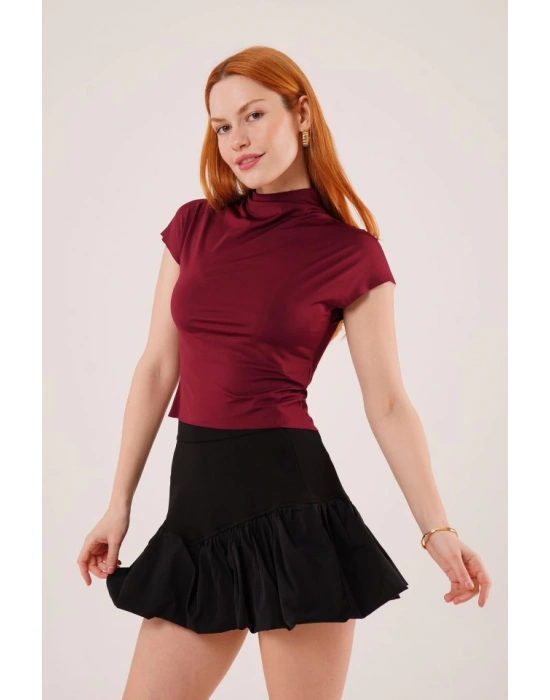 Boğazlı Parlak Kumaş Bordo Crop