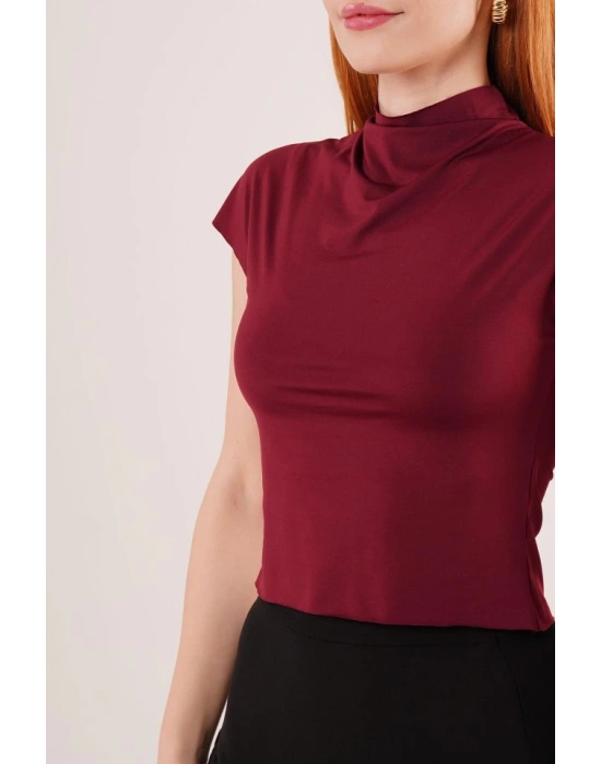 Boğazlı Parlak Kumaş Bordo Crop