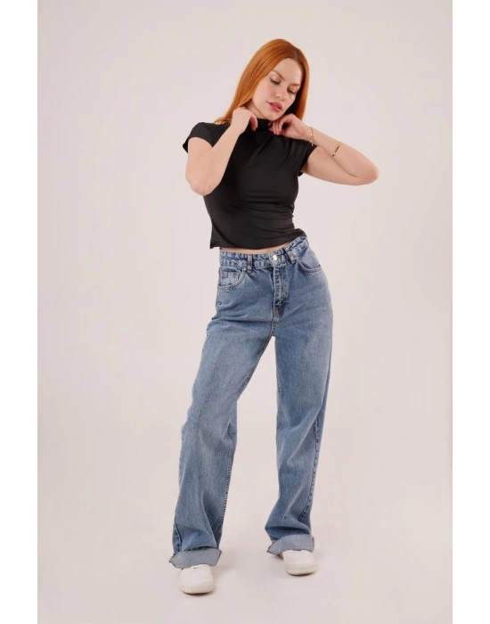 Boğazlı Parlak Kumaş Siyah Crop