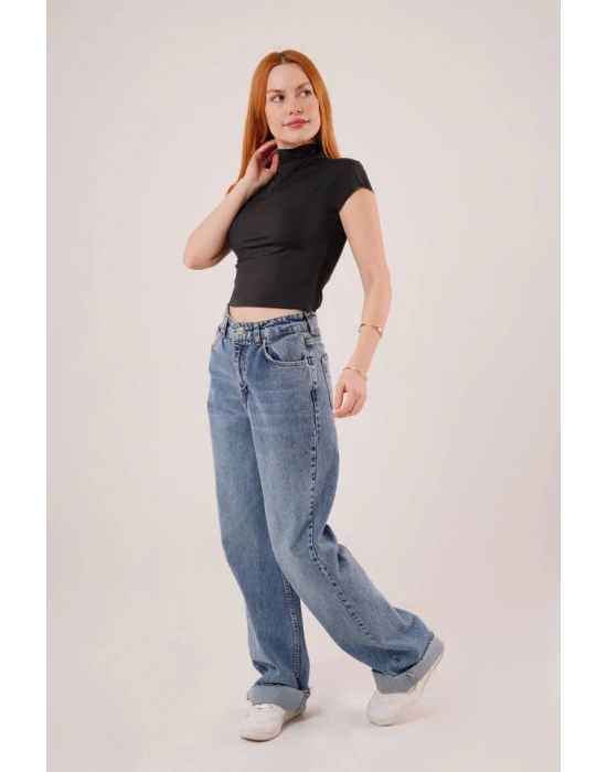 Boğazlı Parlak Kumaş Siyah Crop