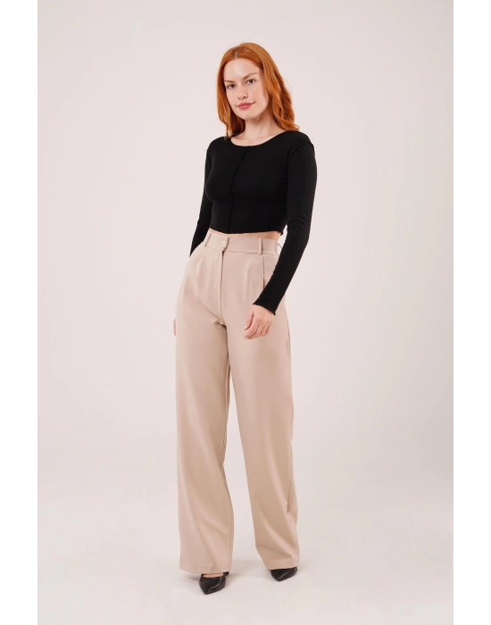 Bol Paça Piliseli Bej Pantolon