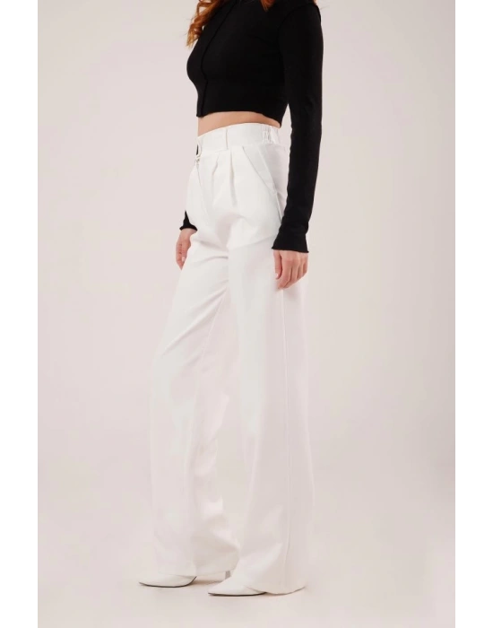 Bol Paça Piliseli Beyaz Pantolon