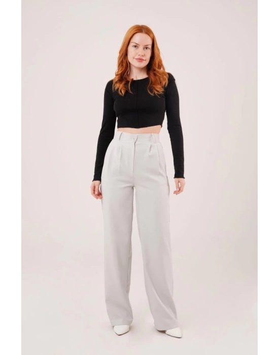 Bol Paça Piliseli Gri Pantolon